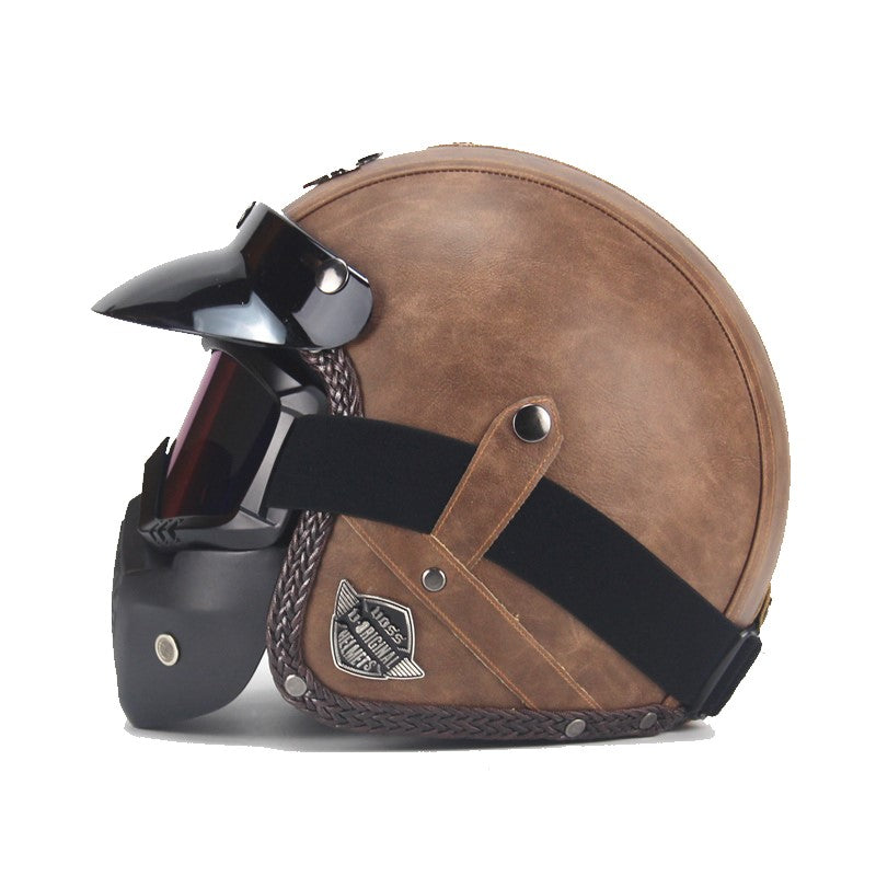 Casque de Moto Vintage en Cuir PU avec Visage Masque Lunettes