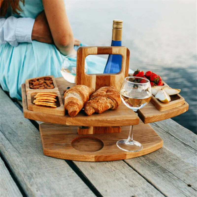 Table de Pique-Nique en Bois Pliable pour Vin – Plateau Rond de Snack Extérieur avec Porte-Gobelets pour un Dîner Élégant en Plein Air