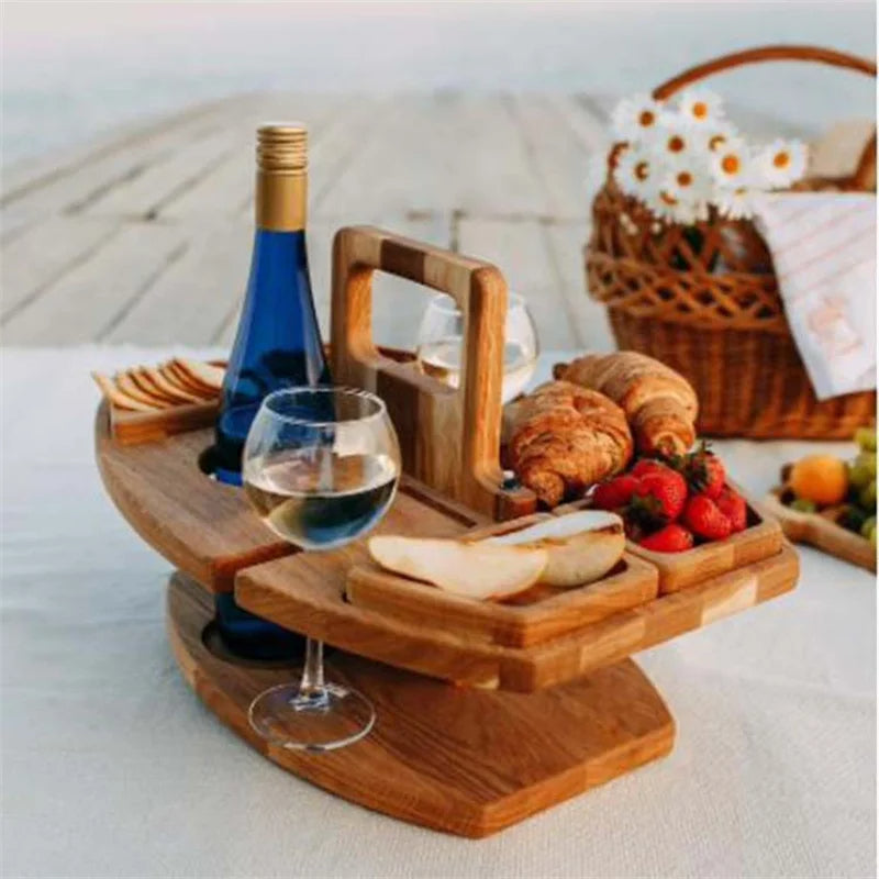 Table de Pique-Nique en Bois Pliable pour Vin – Plateau Rond de Snack Extérieur avec Porte-Gobelets pour un Dîner Élégant en Plein Air
