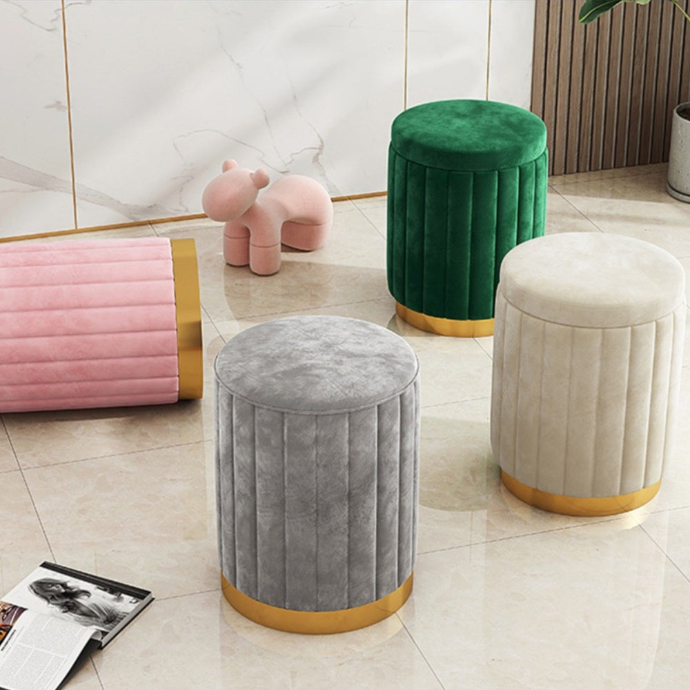 Ottoman de rangement Nordic Chic – Pouf rond élégant avec rangement et finition miroir