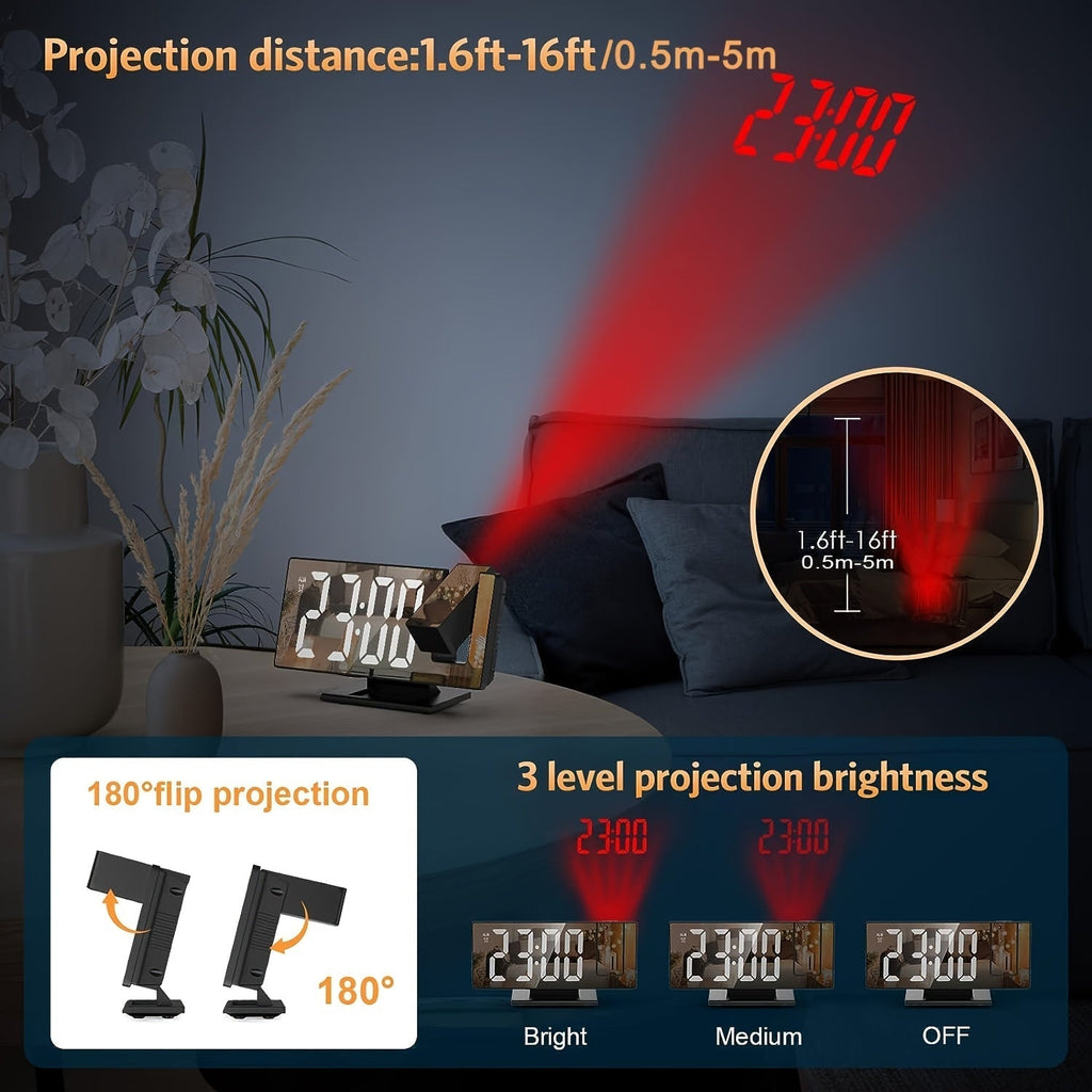 Réveil à Projection LED avec Projection Réglable à 180° – Affichage Clair et Fonction Snooze pour Chambre ou Bureau