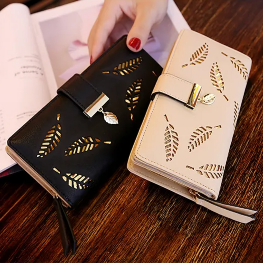 Portefeuille en cuir à feuilles dorées