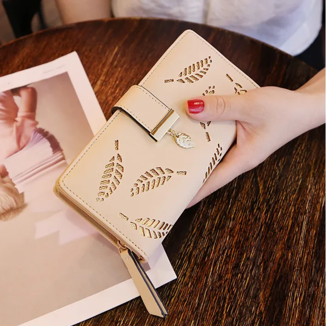 Portefeuille en cuir à feuilles dorées